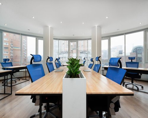 Close view of a modern comfortable dynamic co-working room interior located in Bogota